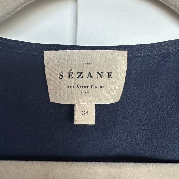 Sezane Women's Navy Minara Embroidered V-Neck Silk Short Sleeve Blouse, 34, EUC - Picture 3 of 7